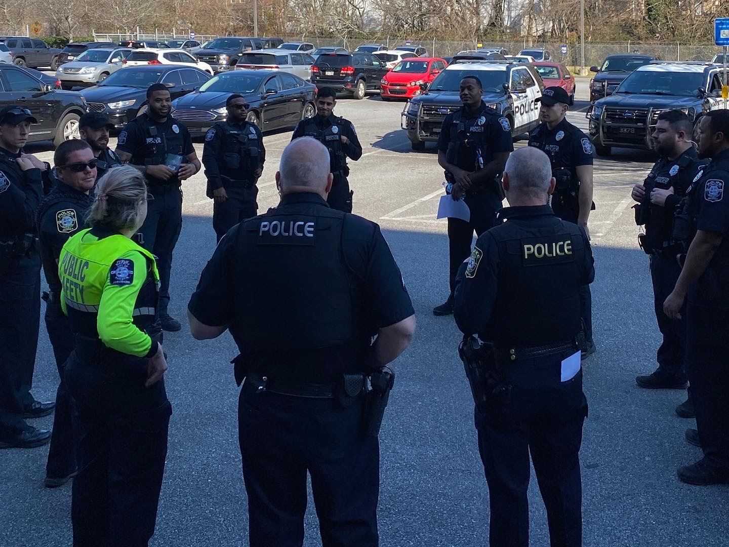 Police Officers standing around for roll call